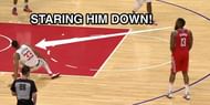 Harden stares down Wesley Johnson after crossover sends him into oblivion